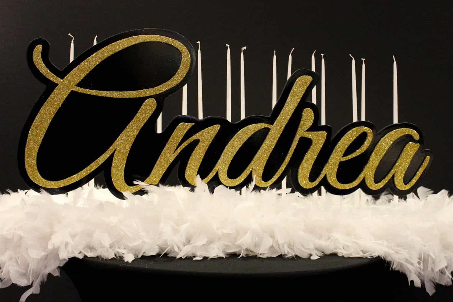 Sweet Sixteen Candle Lighting with Feather Trim and Glitter Name