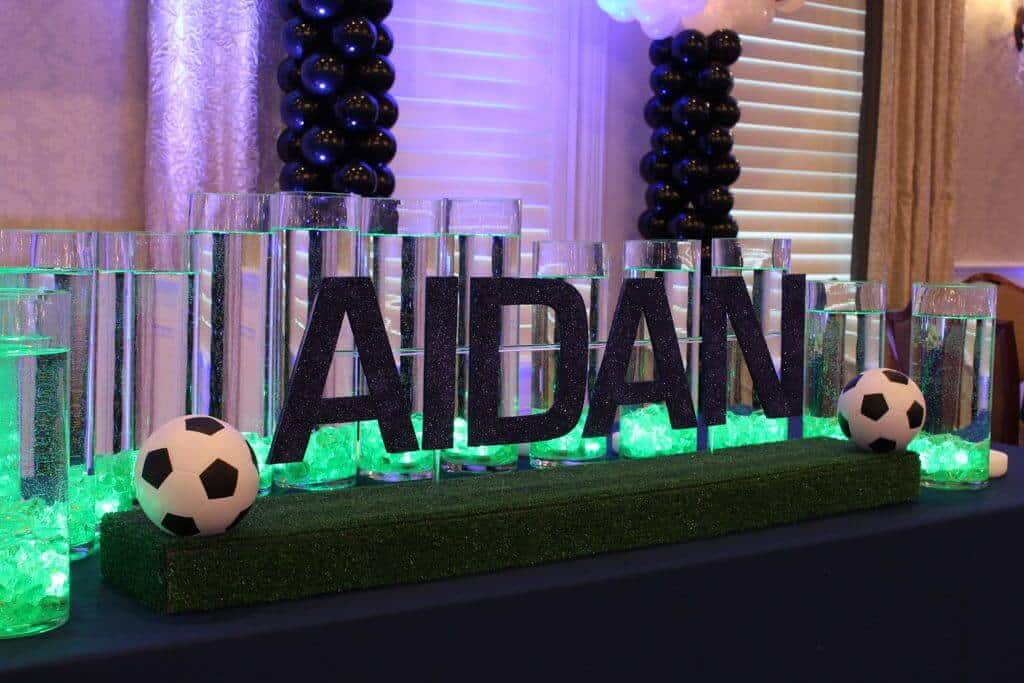 Soccer Themed LED Candle Lighting Display with Custom Name and Soccer Balls