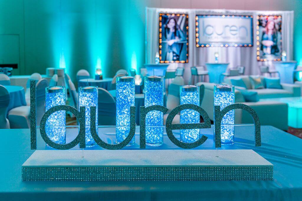 Bat Mitzvah Candle Lighting Display with Aqua Gem Cylinders & Glittered Name Display