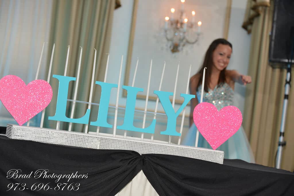 Bat Mitzvah Candle Lighting Display with Custom Name and Glittered Hearts