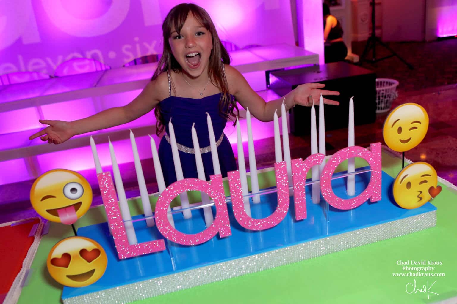 Emoji Themed Candle Lighting Display with Hot Pink Glitter Name