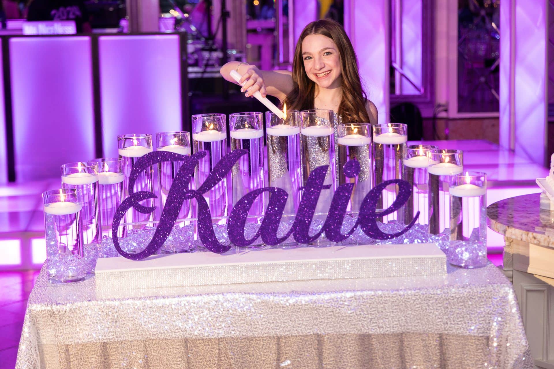 Custom Purple Glitter Candle Lighting Name Display