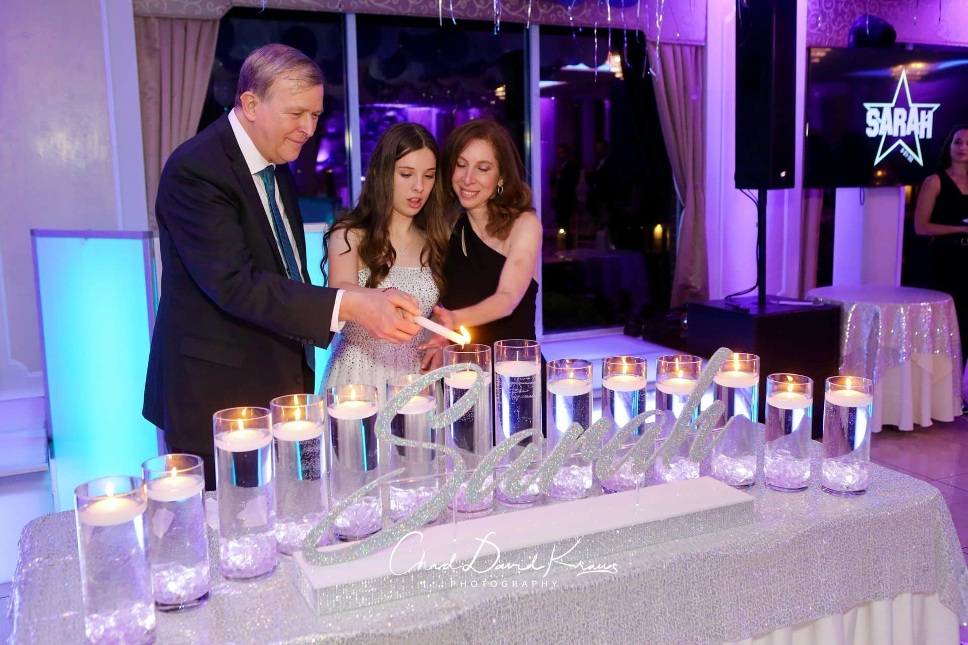 Bat Mitzvah Candle Lighting Display with Silver Glitter Name andLavender LED Cylinders