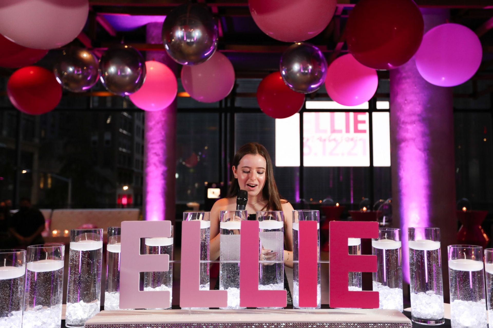 Shades Of Pink LED Candle Lighting Display and Beautiful Balloon Ceiling Treatment for Bat Mitzvah