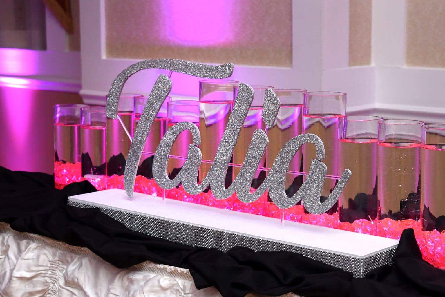 Silver Name Display with Hot Pink LED Cylinders for Bat Mitzvah Candle Lighting