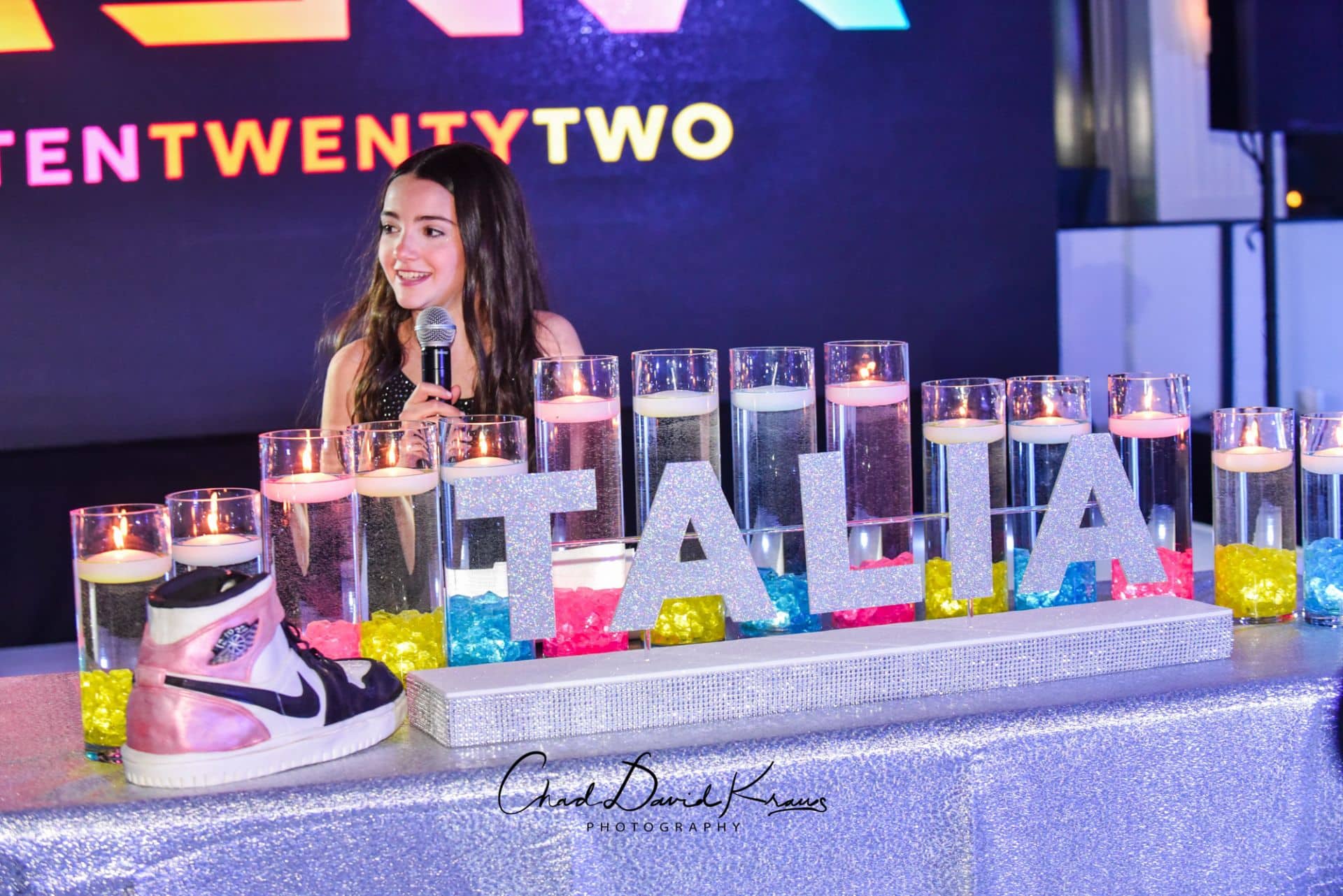 Neon Candle Lighting Display with Glitter Name and LED Cylinders