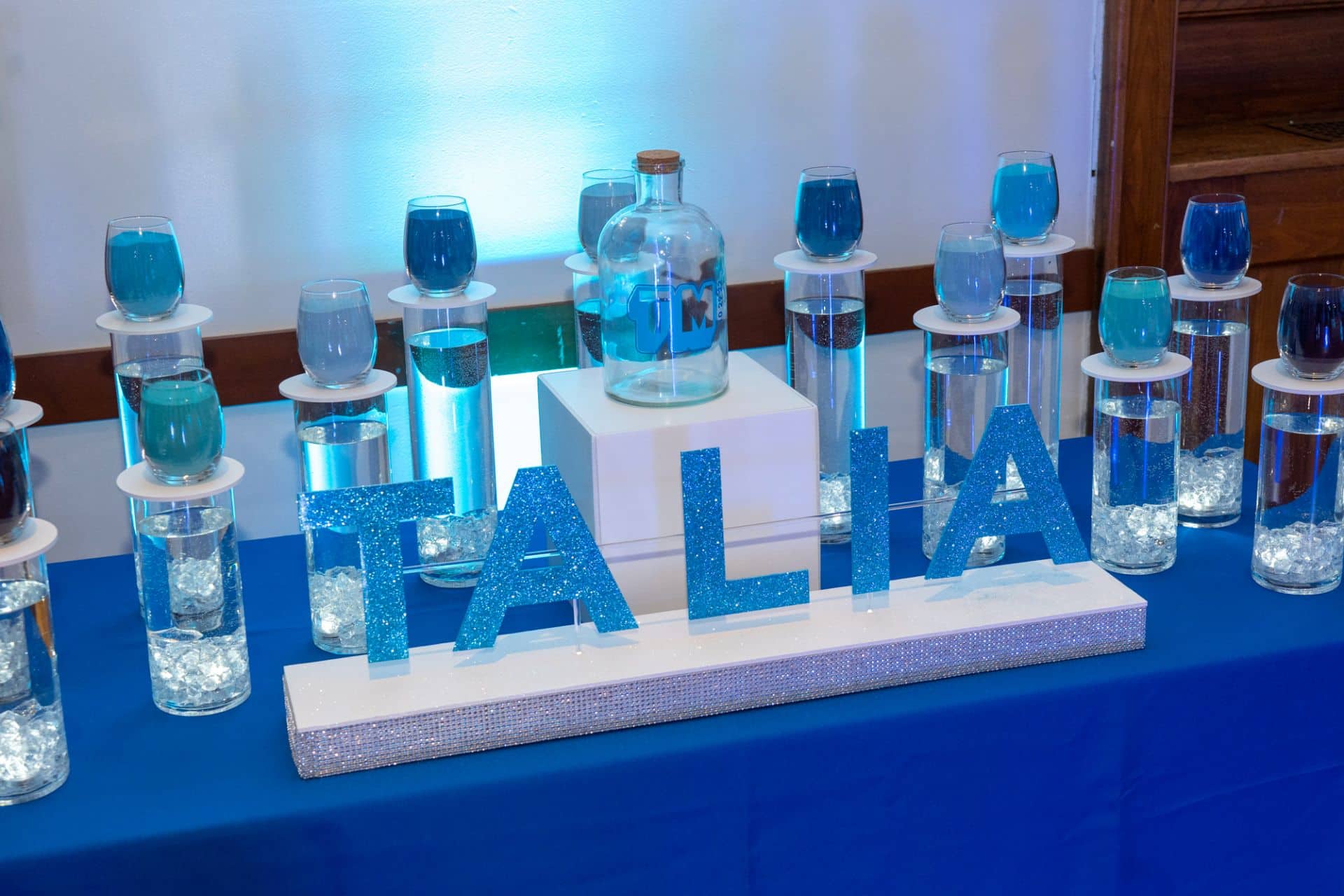 Shades of Blue Sand Art Candle Lighting Display with Custom Glass Holder