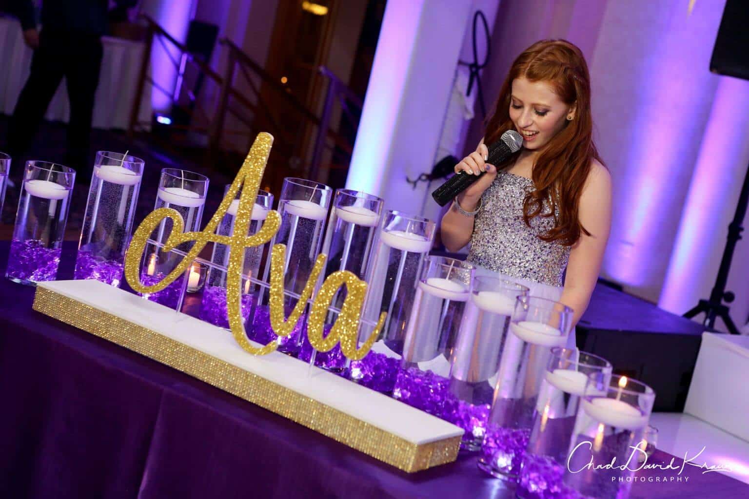 LED Bat Mitzvah Candle Lighting with Gold Glitter Name and Purple Cylinders