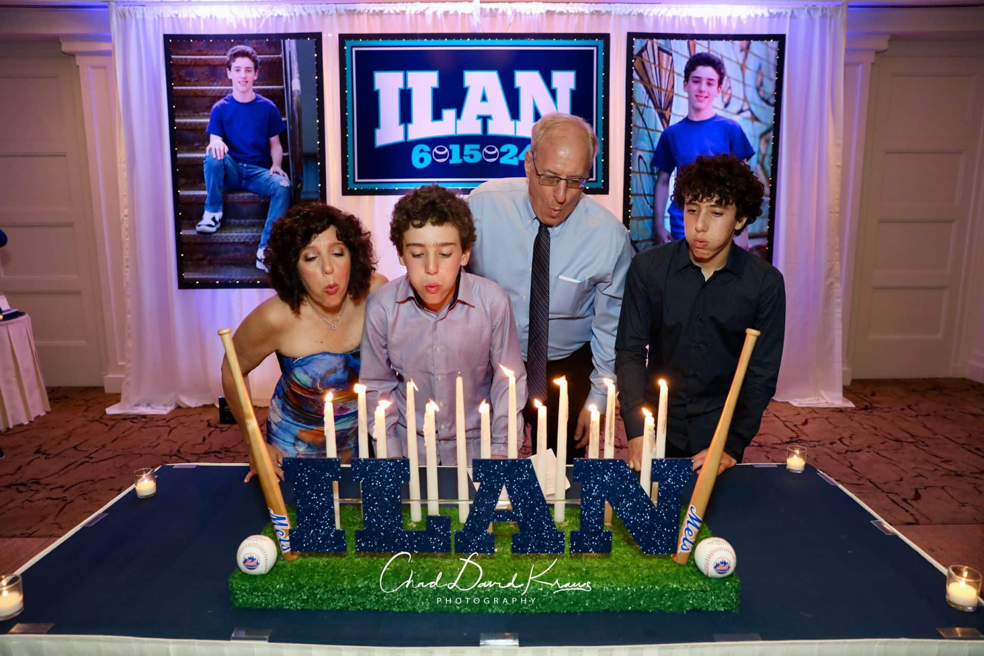 Baseball Theme Candle Lighting Display with Glitter, Turf, Baseballs, and Bats