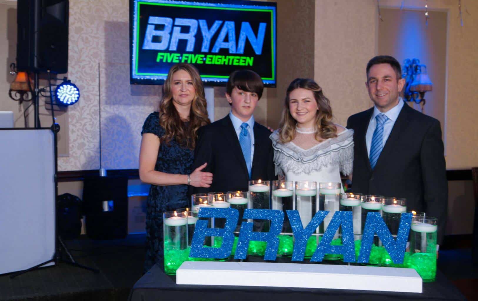 LED Bar Mitzvah Candle Lighting Display with Blue Name and Lime Cylinders