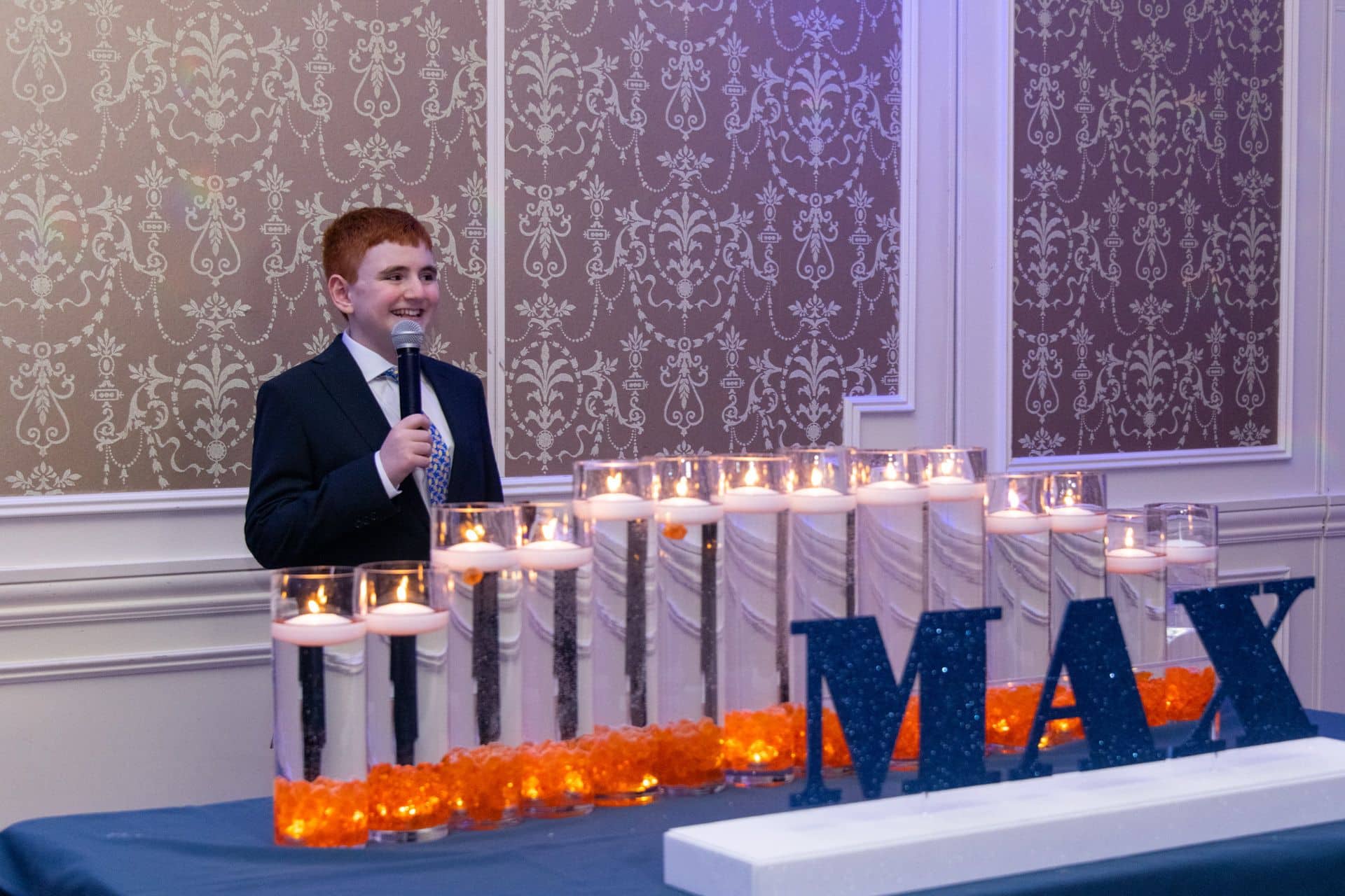 Blue Glitter Name Candle Display with Cylindersand LED Orange Chips