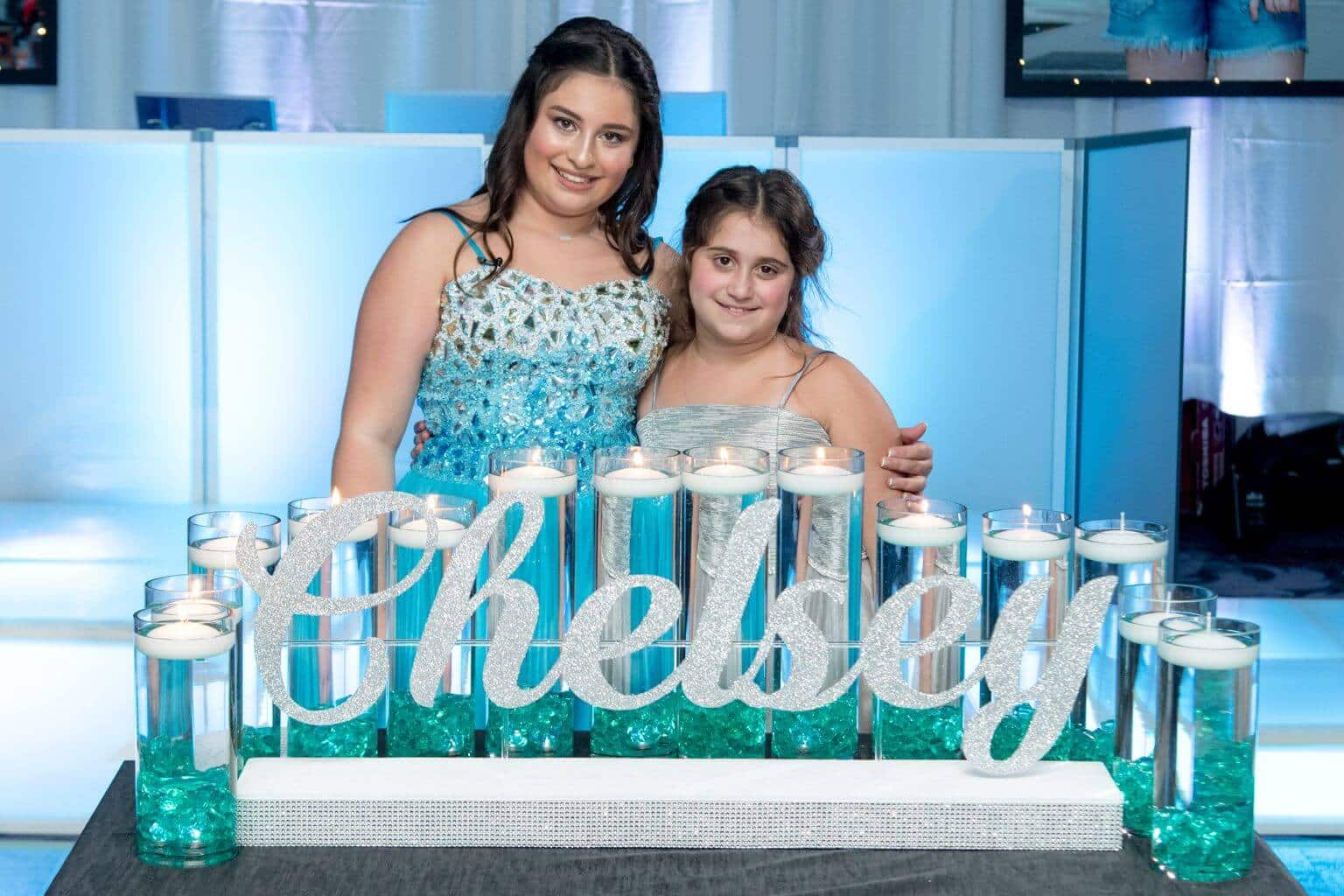 LED Bat Mitzvah Candle Lighting with Silver Glitter Name and Turquoise Cylinders