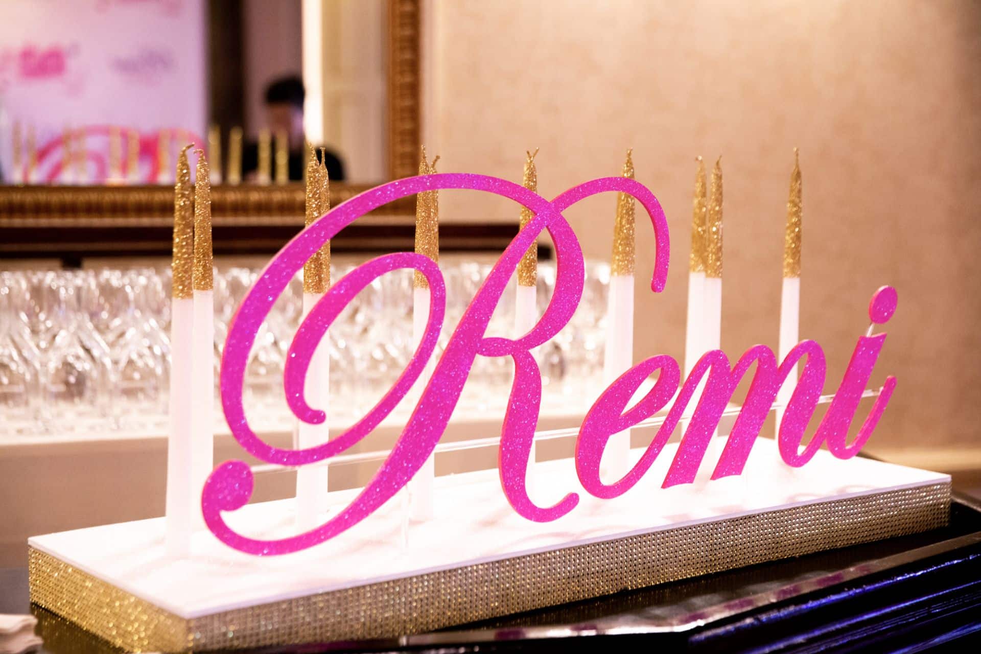 Hot Pink and Gold Candle Lighting Display with Glitter Candles