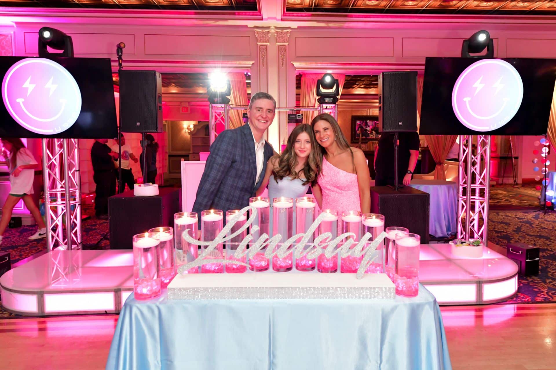 Pink and Silver Candle Lighting Display with Glitter Name and LED Cylinders