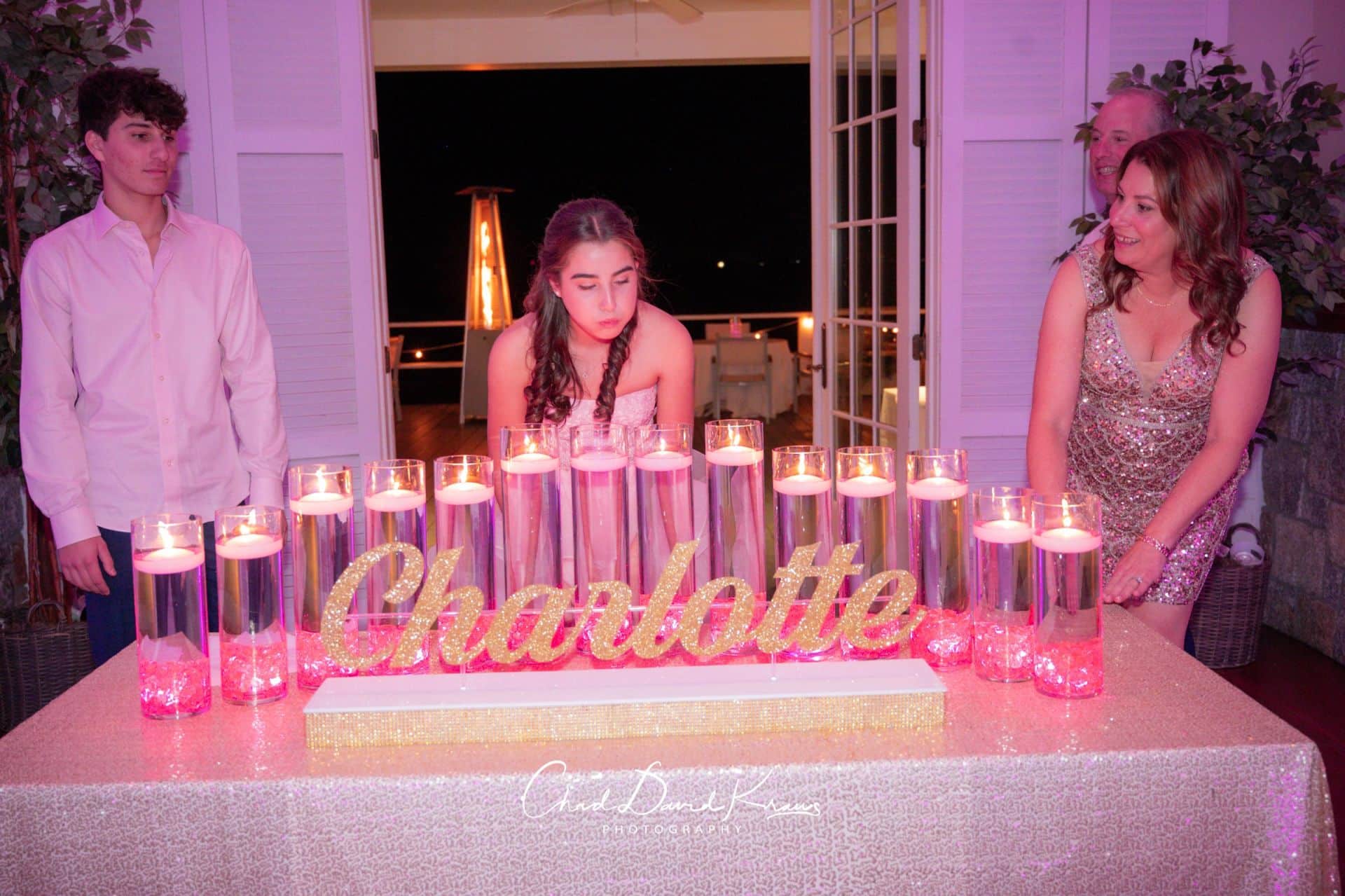 Gold Glitter Candle Lighting Display with Cylinders and LED Pink Chips