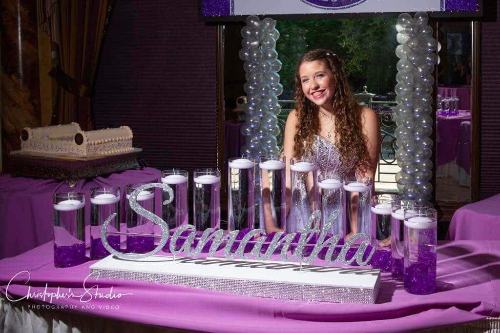 Bat Mitzvah Candle Lighting Display with Silver Glitter Name and Purple LED Cylinders