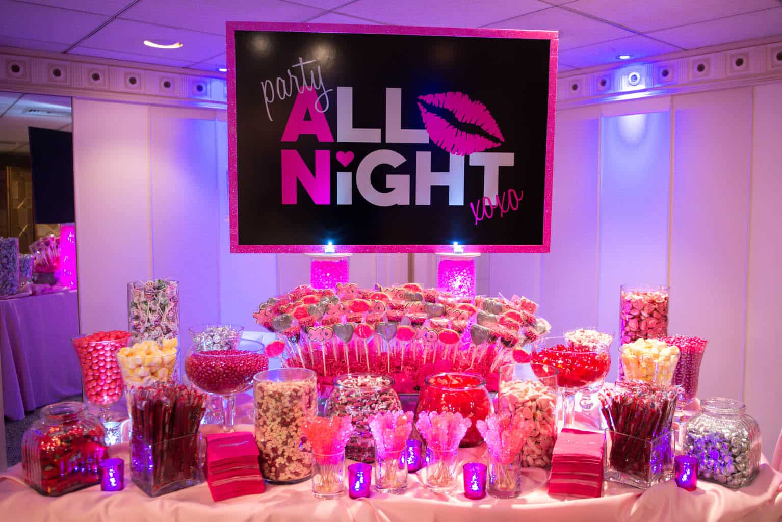 Shades of Pink Candy Bar with Custom Sign and LED Lights