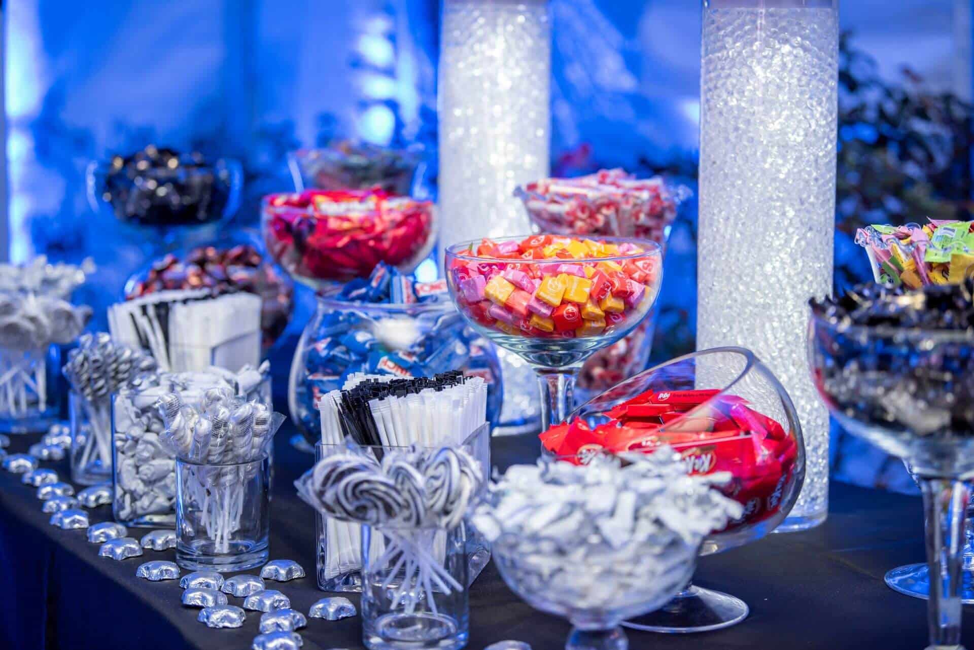 Black and White Candy Bar Setup with Custom Sign for Bat Mitzvah