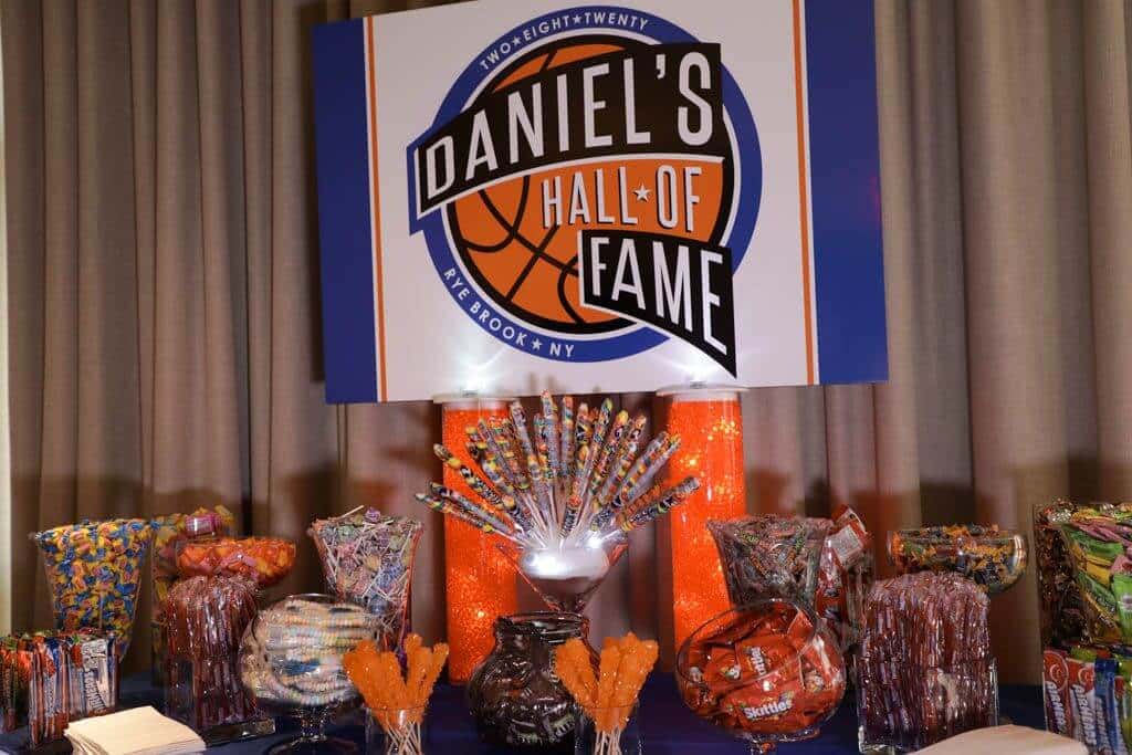 Custom Candy Bar Setup with Logo Sign for Basketball Themed Bar Mitzvah