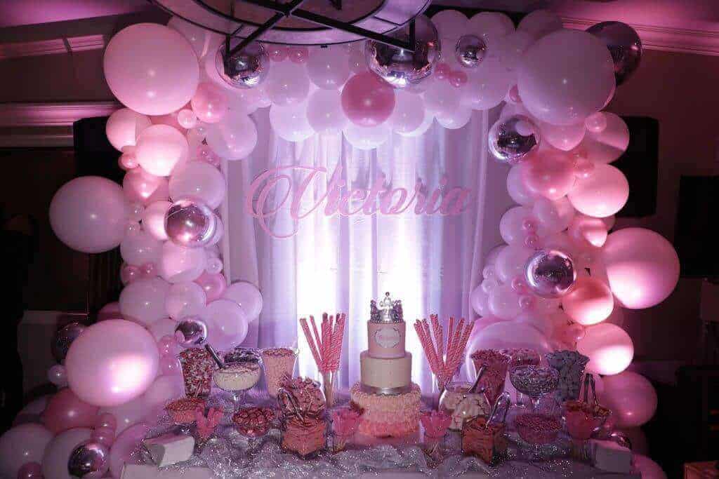 Pink and Silver Candy Bar with Organic Balloon Arch Background for Princess Themed 4th Birthday