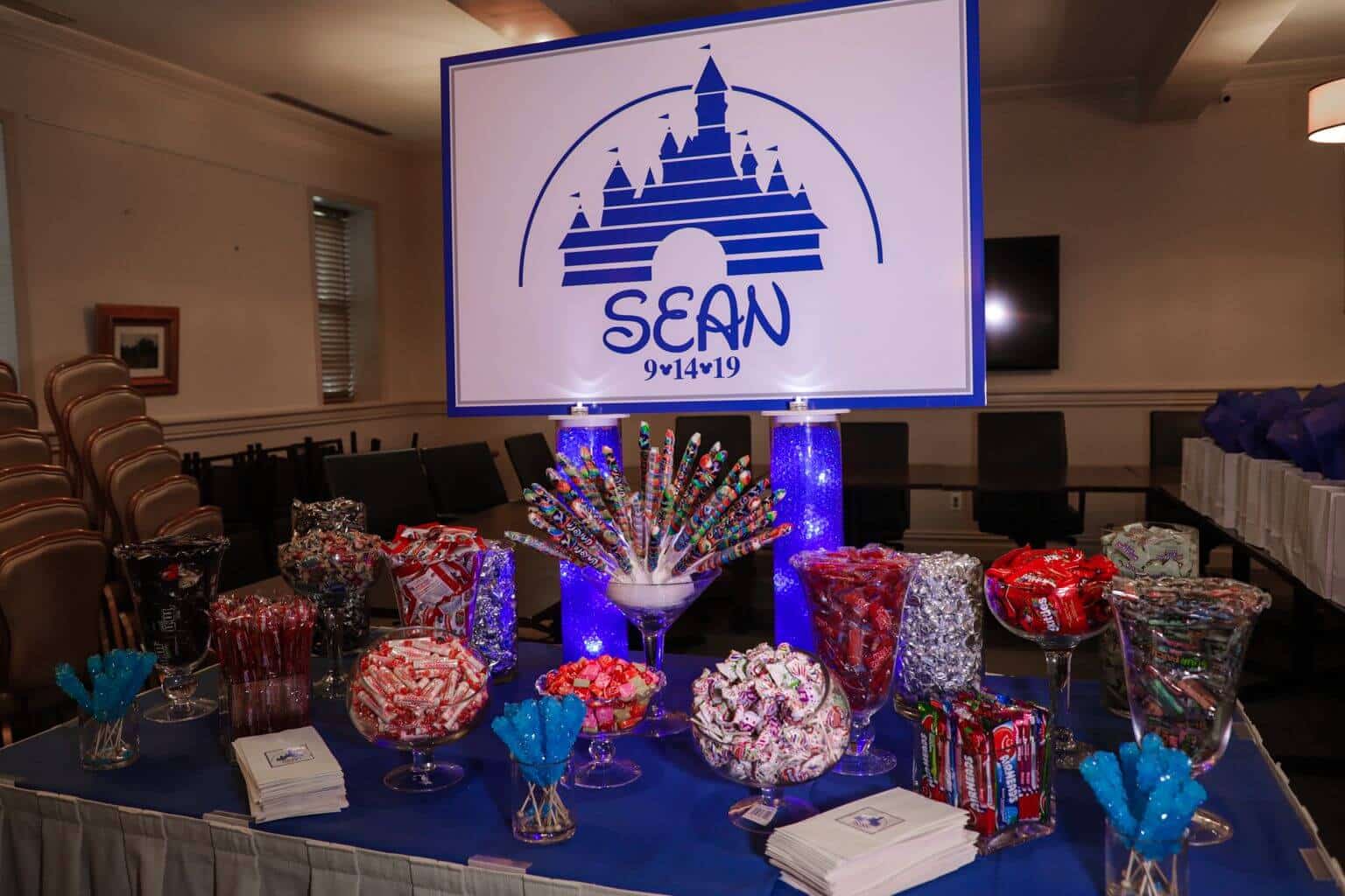 Custom Candy Bar Setup With Logo Sign for Disney Themed Bar Mitzvah