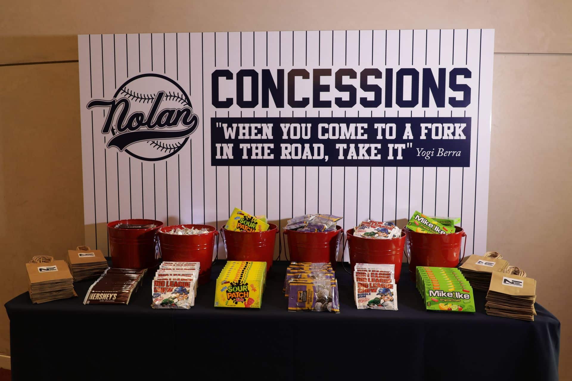 Concession Style Candy Bar with Custom Sign and Logo Bags for Yankees Themed Bar Mitzvah
