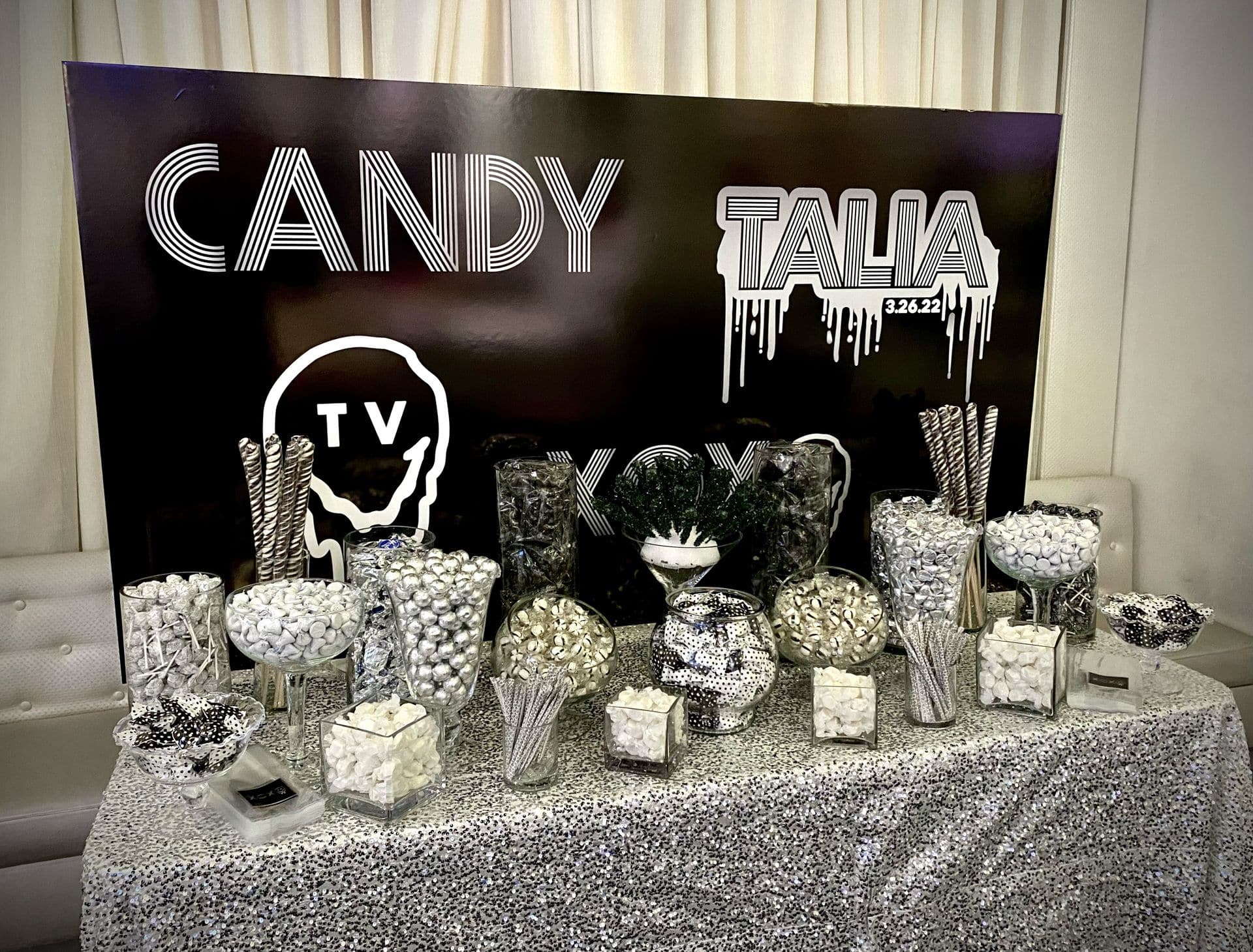 Bat Mitzvah Candy Bar with Black, White and Silver Candy and Custom Sign