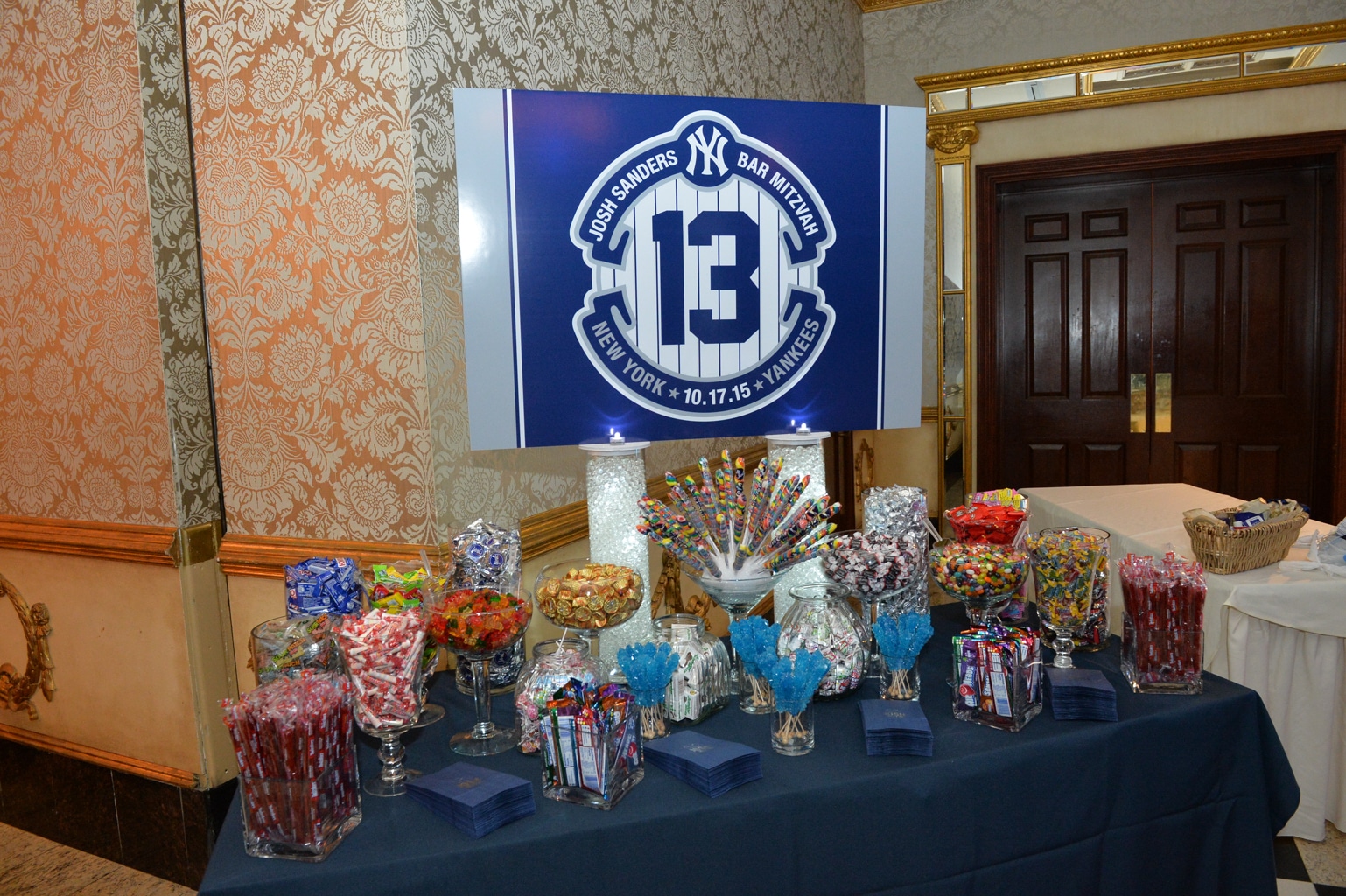 Yankees Themed Candy Bar Setup with Custom Sign and Candy Bags