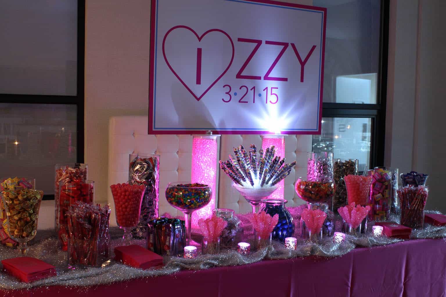 Bat Mitzvah Candy Bar Setup with Custom Logo Sign and LED Lights