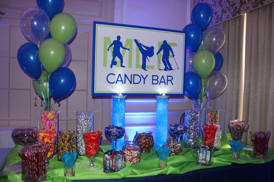 Bar Mitzvah Candy Bar Display with Custom Logo Sign and Balloons