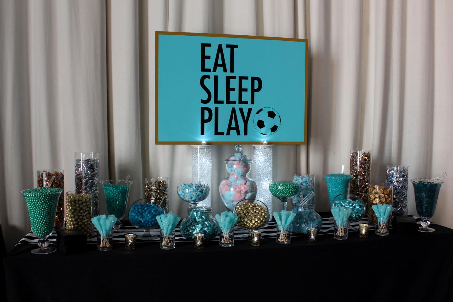 Soccer Themed Bat Mitzvah Candy Bar with Turquoise and Gold Candy and Custom Logo Sign