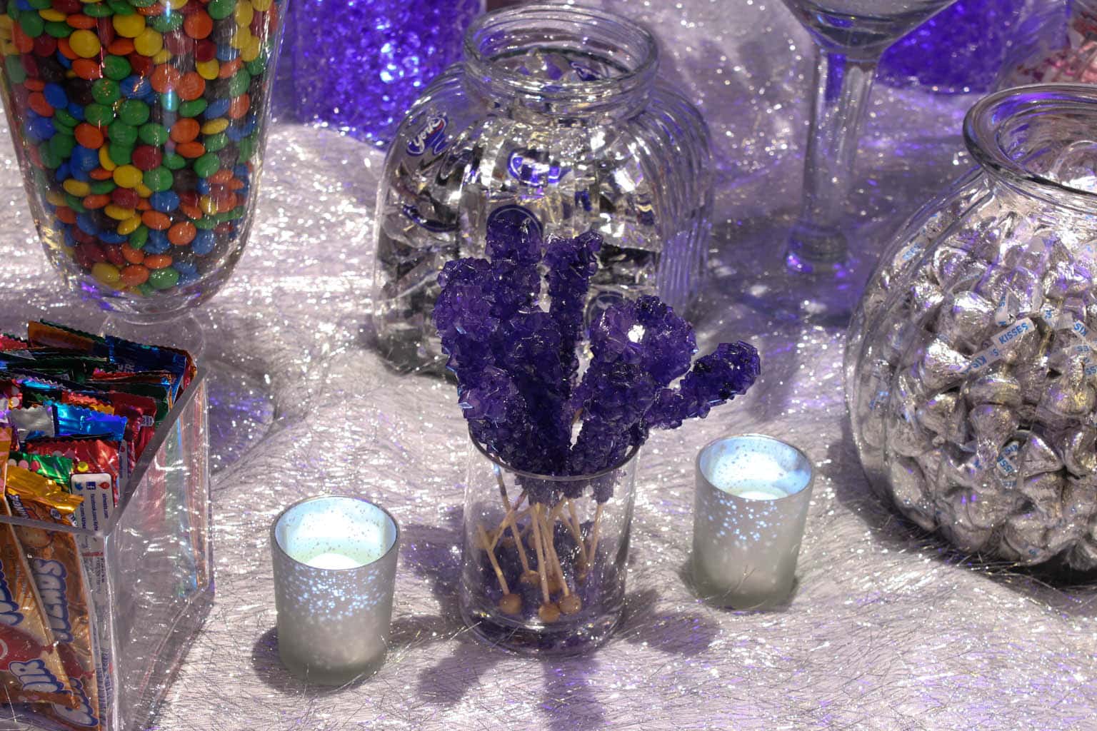 Sweet Sixteen Candy Bar Setup with Rock Candy