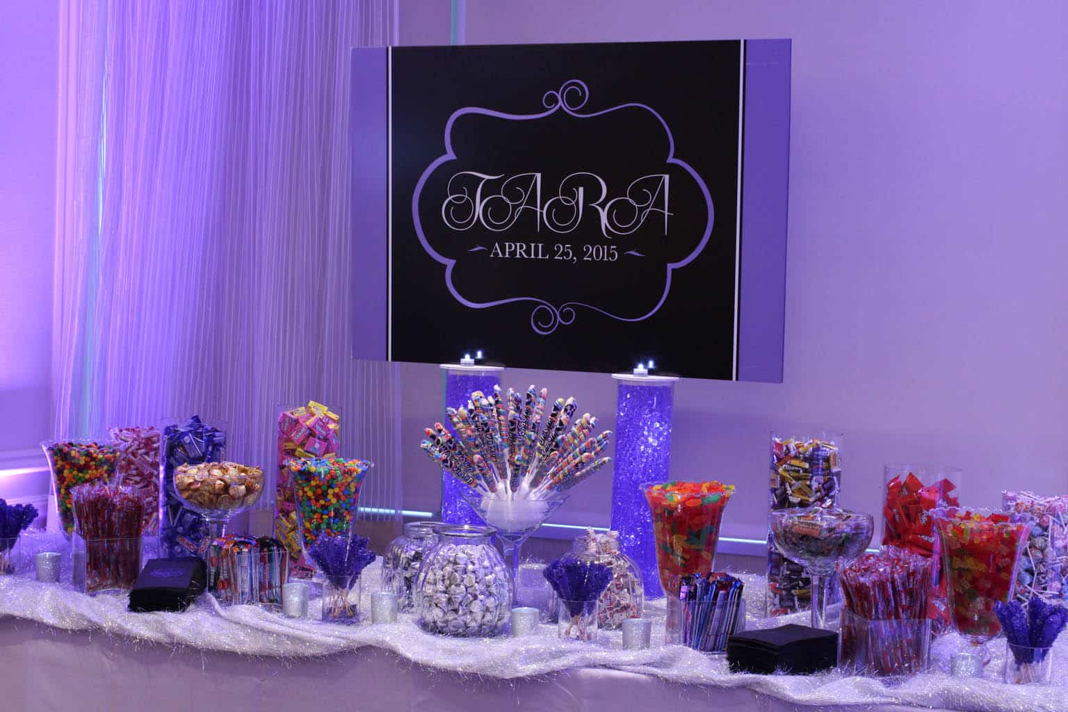 Sweet Sixteen Candy Bar Setup with Custom Sign and Logo Bags