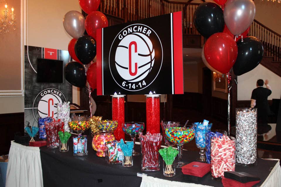 Bar Mitzvah Candy Bar Display with Custom Sign, Logo Candy Bags and Balloons