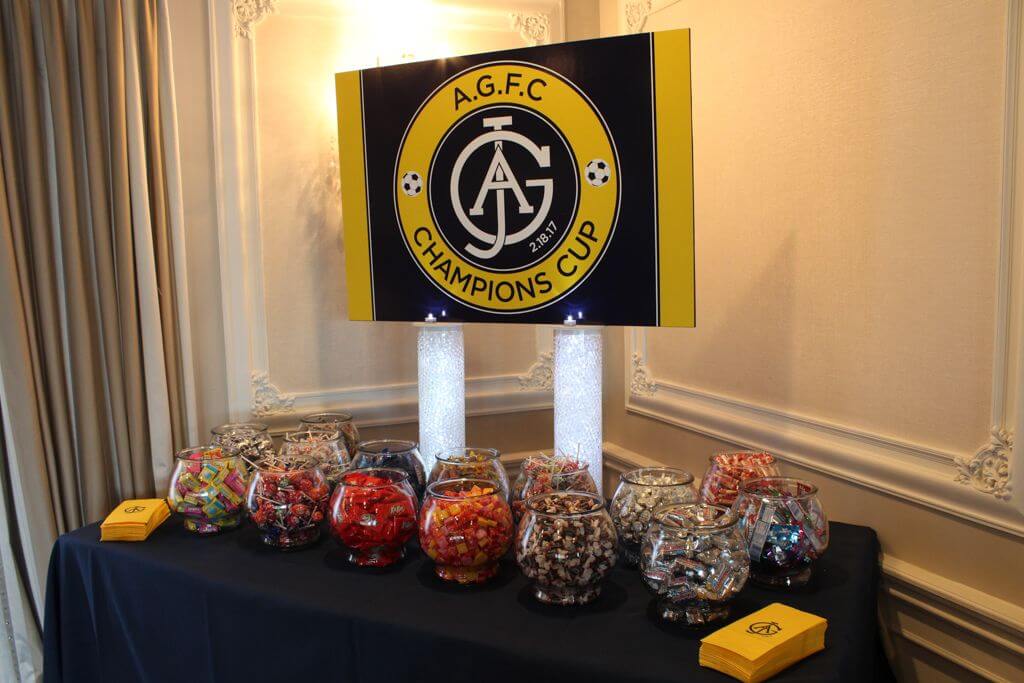 Soccer Themed Bar Mitzvah Candy Bar with Custom Logo Sign and Bags