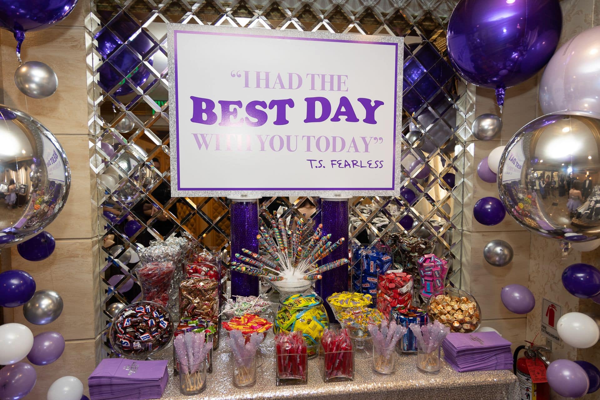 Taylor Swift Candy Buffet with Metallic Orbz Bubble Balloons and Custom Sign