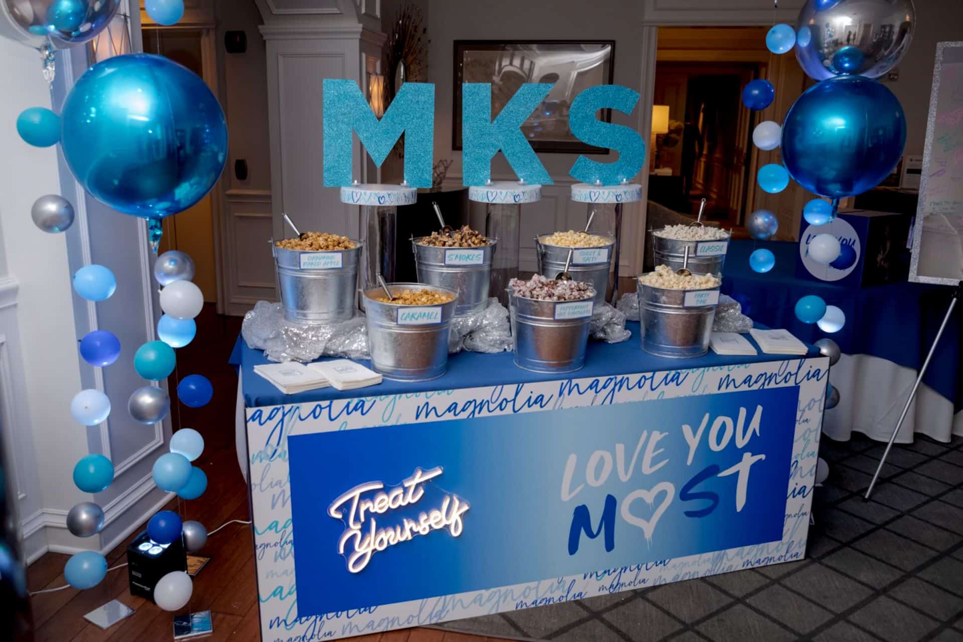 Custom Bat Mitzvah Popcorn Bar with Logo Table Wrap, Glitter Initials and Metallic Orbs Bubble Balloons