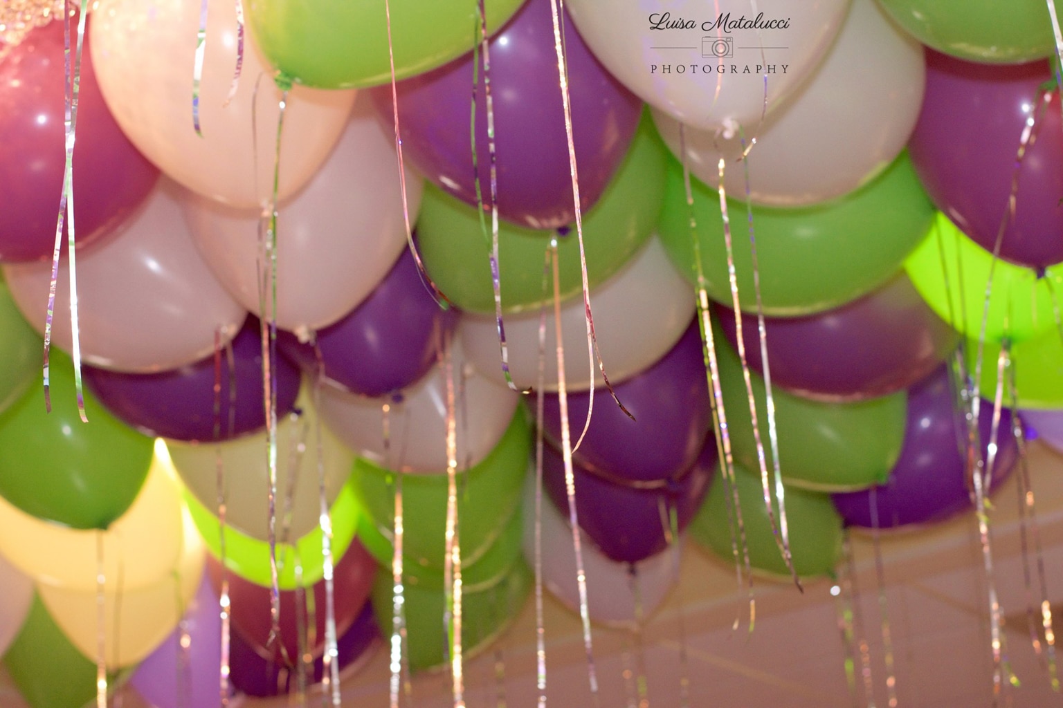 Lavender and Lime Ceiling Balloons with Silver Shimmer Ribbon
