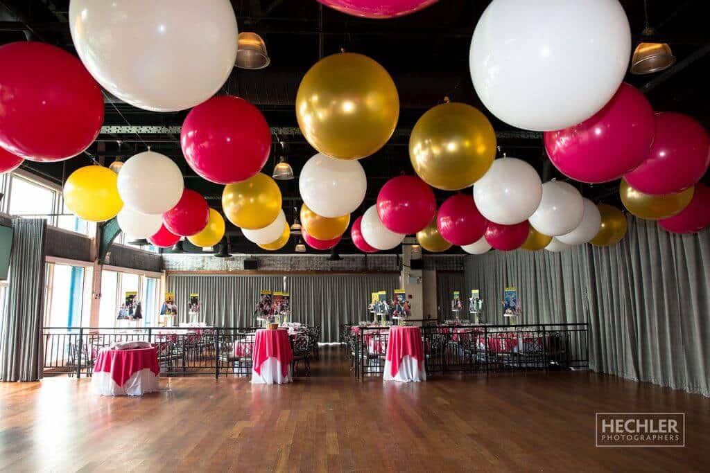 Hot Pink, Gold and White 3' Balloons over Dance Floor at Sunset Terrace, Chelsea Piers