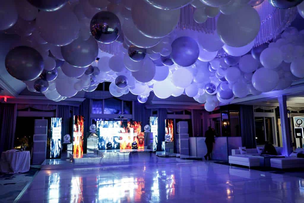 Silver and White Organic Ceiling Ballooon Treatment for B'nai Mitzvah at Montammy Golf Club