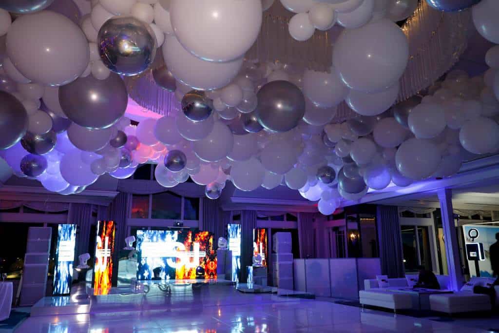 Silver and White Organic Ceiling Ballooon Treatment for B'nai Mitzvah at Montammy Golf Club