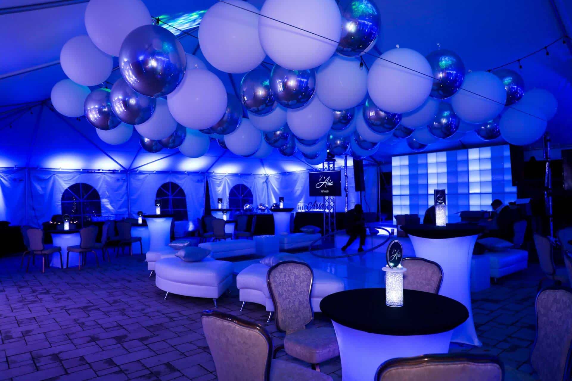 Large White and Silver Orbz Ceiling Treatment for Tent Bat Mitzvah