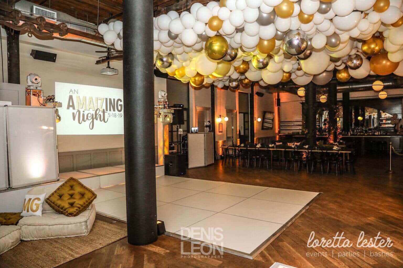 Organic Gold and Silver Ceiling Balloon Sculpture over Dance Floor at The Wythe Hotel, Brooklyn
