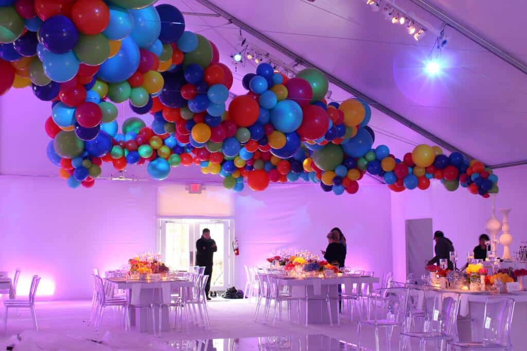 Multi Colored Balloon Sculpture over Tent Ceiling
