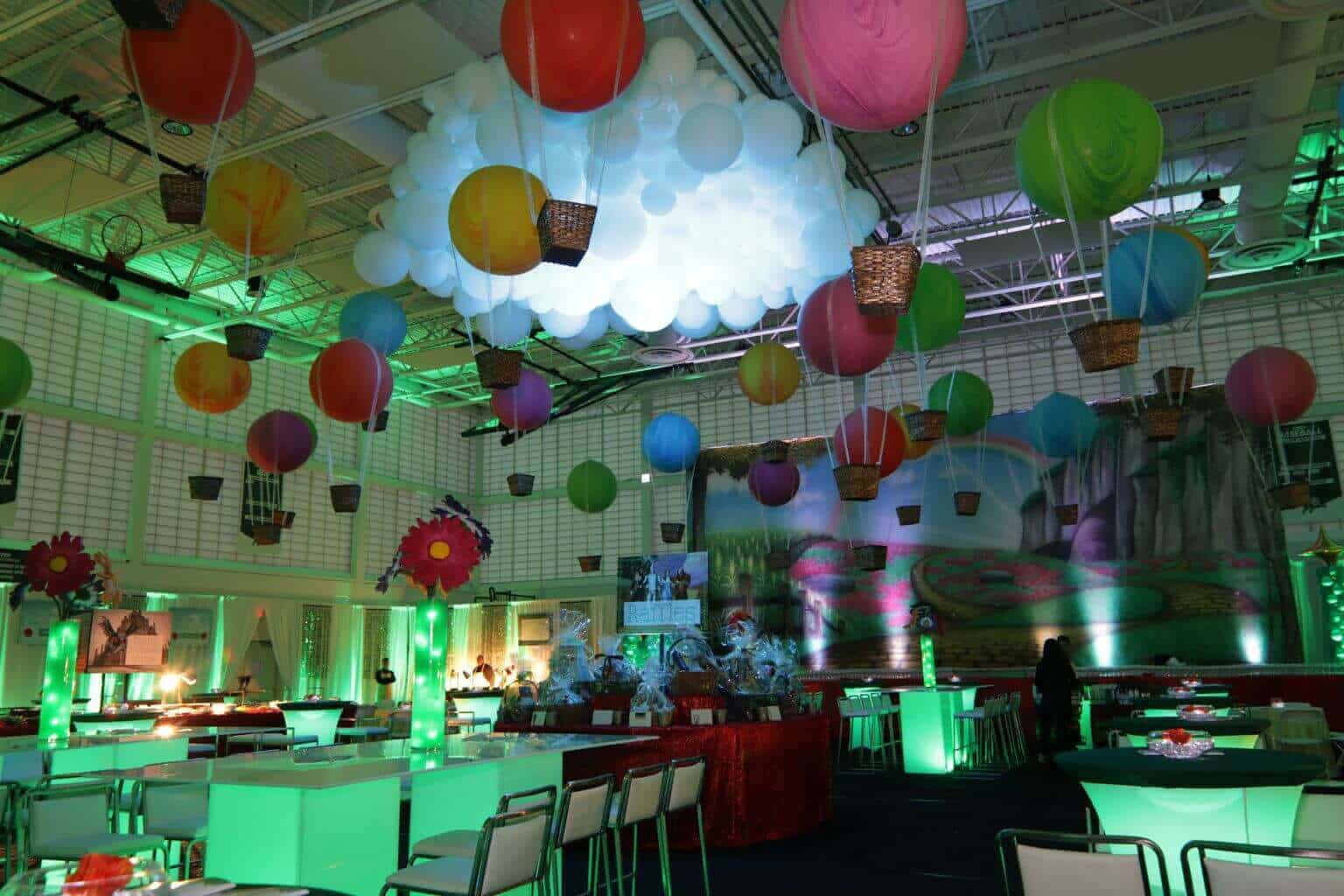 Organic Balloon Cloud Sculpture and Hot Air Balloons Ceiling Treatment for Wizard of Oz Event