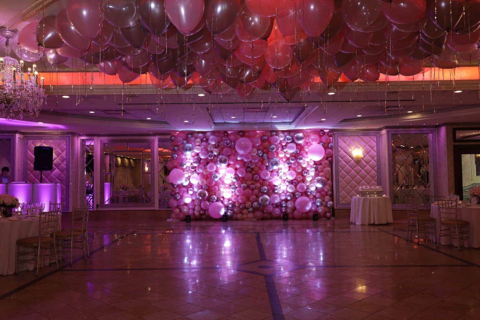 Rose Gold, Pink and Silver Balloon Wall with LED Lighting for Communion at Season Catering