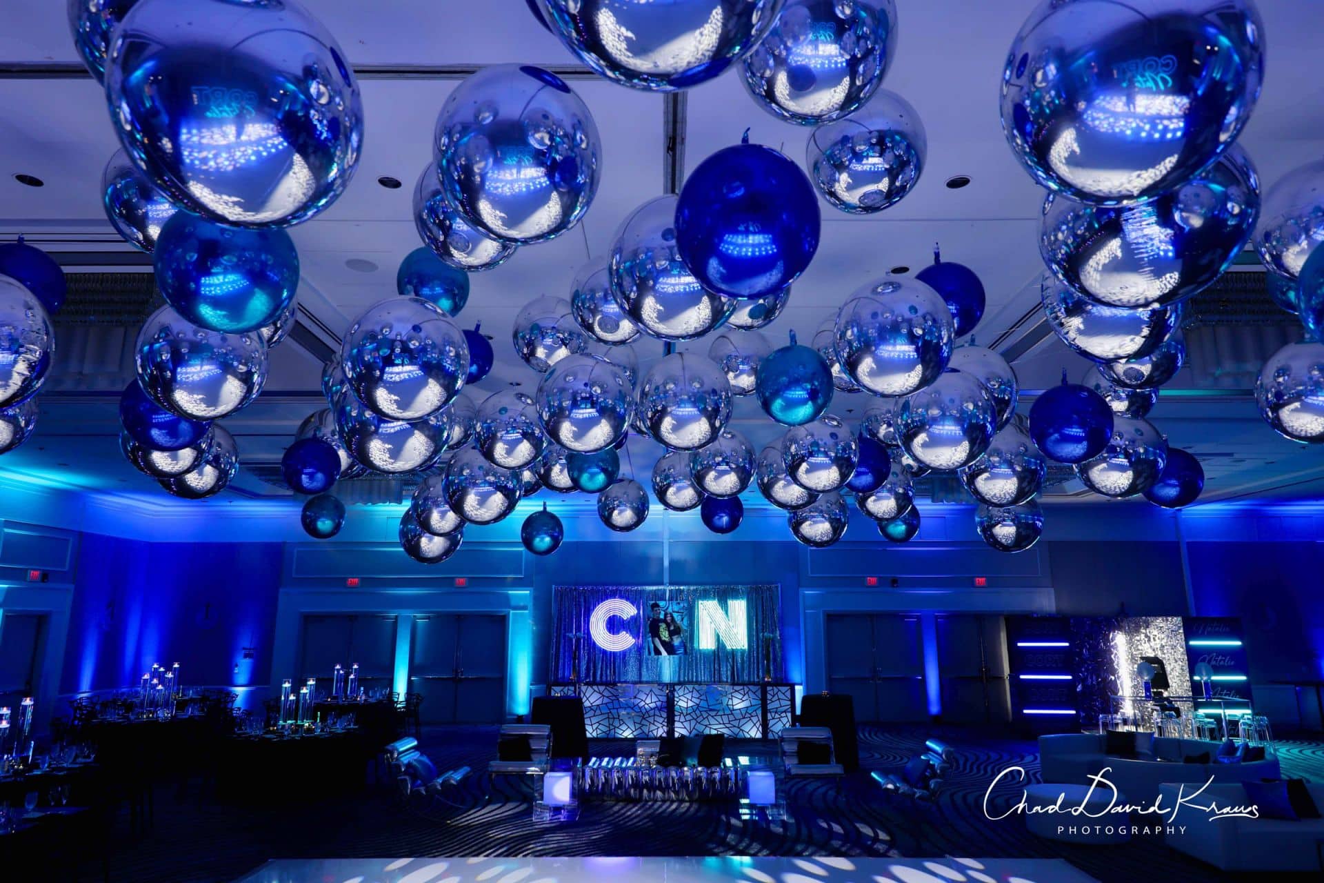 Silver and Blue Metallic Orbz Ceiling Install with Custom LED Bar and LED Uplighting at Hyatt Regency, Greenwich