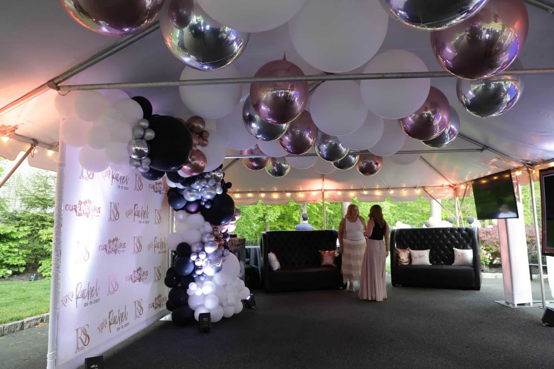 White 3' Balloons, Metallic Silver and Rose Gold Orbz Over Dance Floor for Tent Party Decor