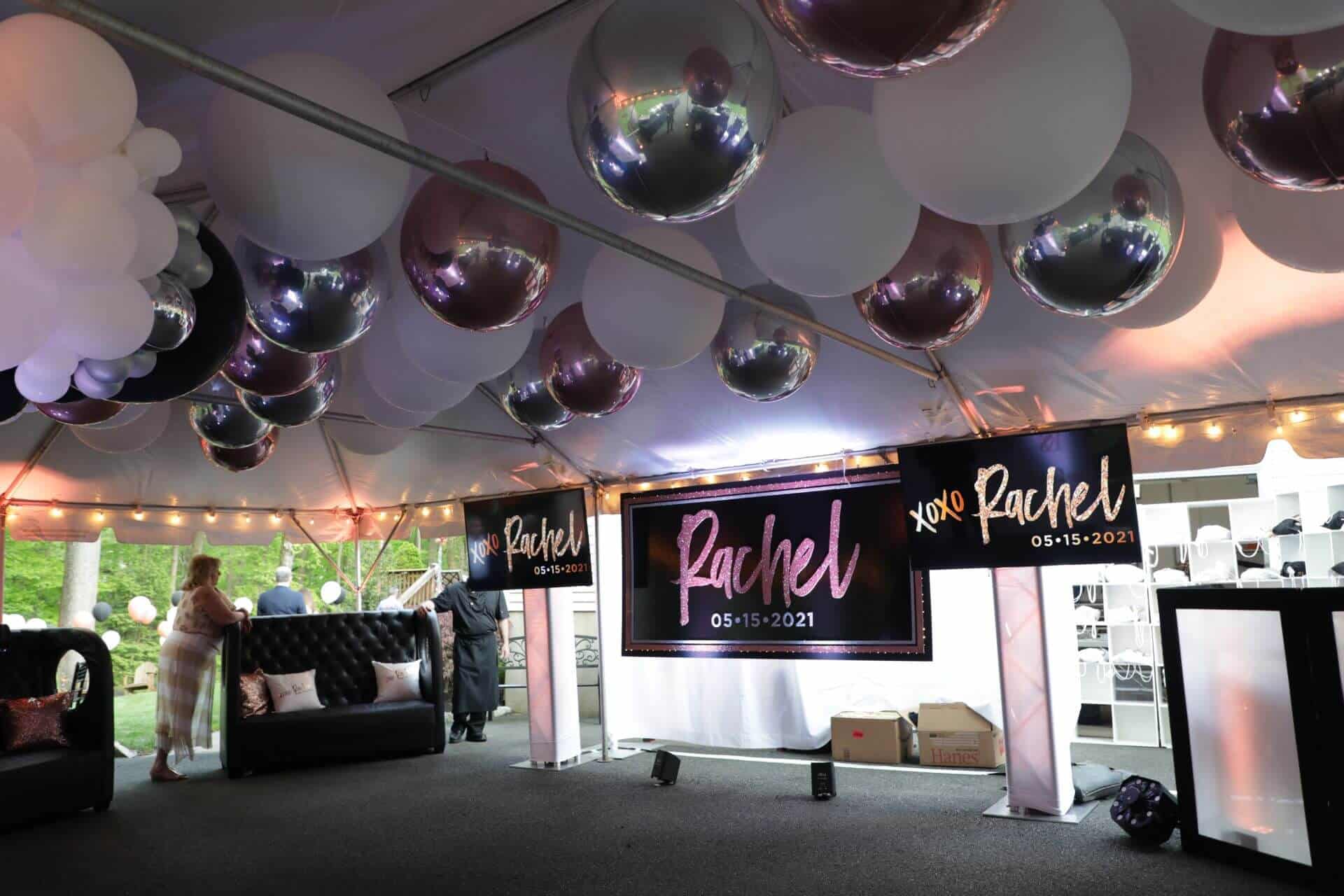White 3' Balloons, Metallic Silver and Rose Gold Orbz Over Dance Floor for Tent Party Decor