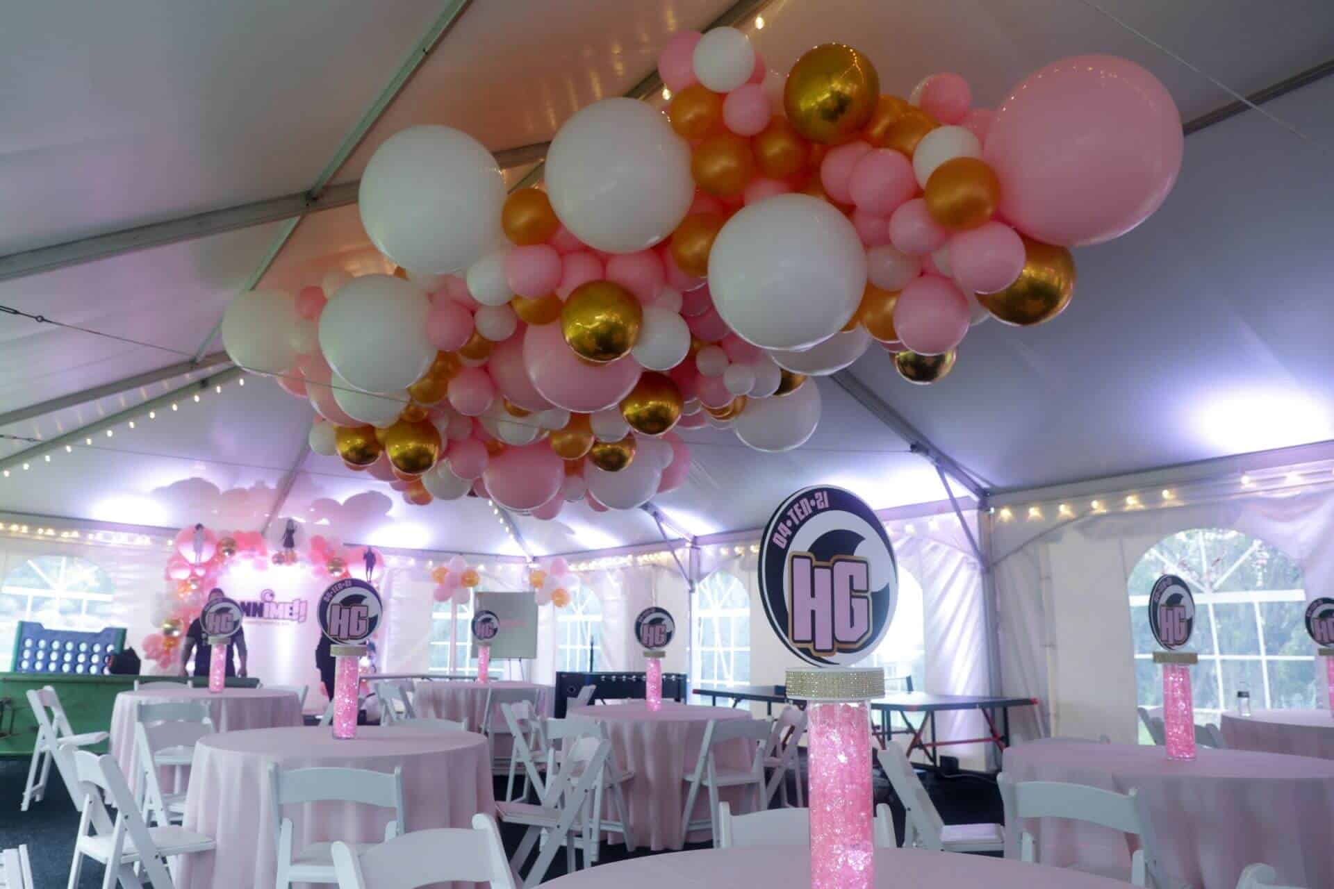 Organic Balloon Garland on Ceiling for Tent Outdoor Bat Mitzvah Decor